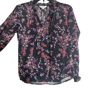 Nanette Lepore Blouse Women XS Black Floral Excellent Metallic Tassel Boho Top